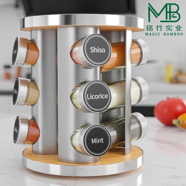 Wholesale 360° Rotatable Bamboo Spice Bottle Storage Rack For Hotel Kitchen