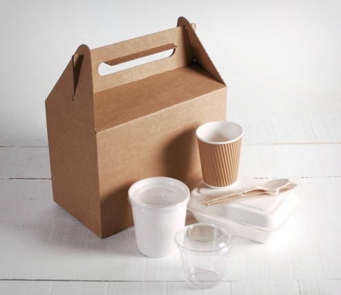 Brown Take Out Recycled Paper Food Bags Embossing Printing With Handle