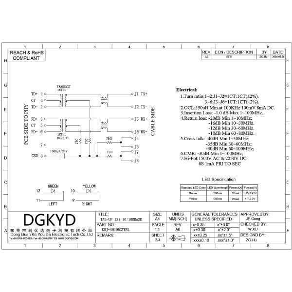 RJ45 network port socket with built-in 100Mbps integrated transformer with light and shielding KRJ-SH105GYENL