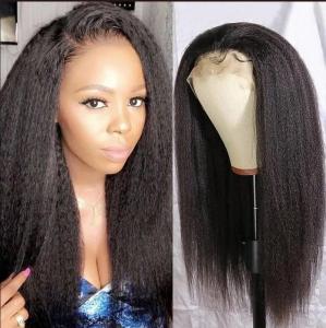 China Natural Color 100%Human Hair Yaki Lace Front Wig,Wholesale Kinky Straight Lace Wig For Black Women on sale