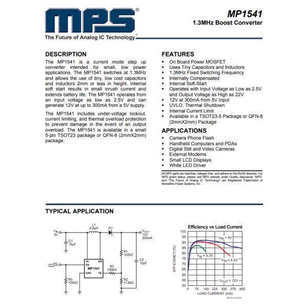 MP1541DJ-LF-Z Datasheet Buck Boost Regulator Ic 3V 1 Output 300mA SOT-23-5 Thin TSOT-23-5