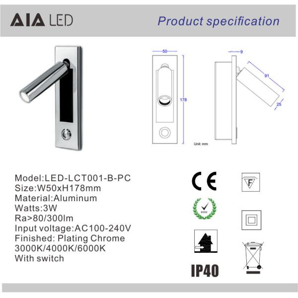 IP40 Recessed adjustable interior 3W LED wall light & led bedroom wall light for hotel