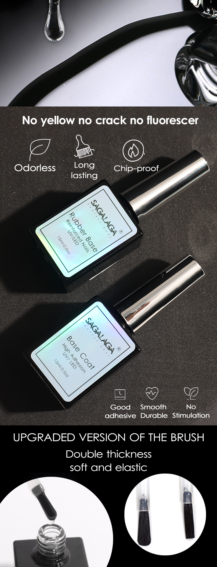 Easy Soak Off Rubber Cover Semi-Permanent Nail Polish Top Base Coat with Non-Toxic SAGALAGA Oem Resin Rubber Base Gel Sample