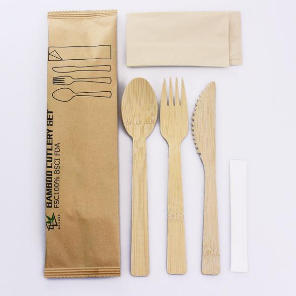 Disposable Bamboo Cutlery Spoon Fork Knife Toothpick Napkin Sets Individually Wrapped