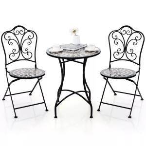 Best Outdoor Furniture AJUNION 2 Seating Chair and Table Set Metal Iron Foldable Chair Antique Mosaic Tile Table Bistro Set wholesale