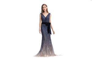 Best Embroidery Beaded Dark Blue Evening Dress , Mermaid Maxi Long Evening Dresses wholesale