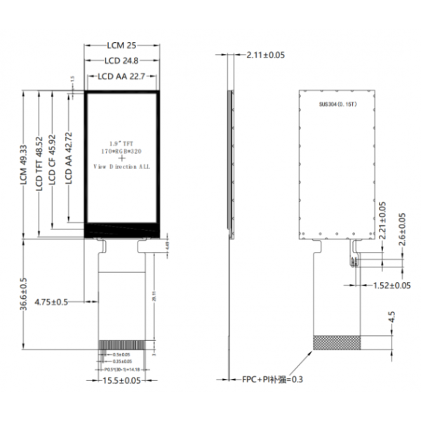 1.9-Inch High Brightness 800 cd/m2 IPS LCD Display with SPI & MCU Interface for Industrial Applications