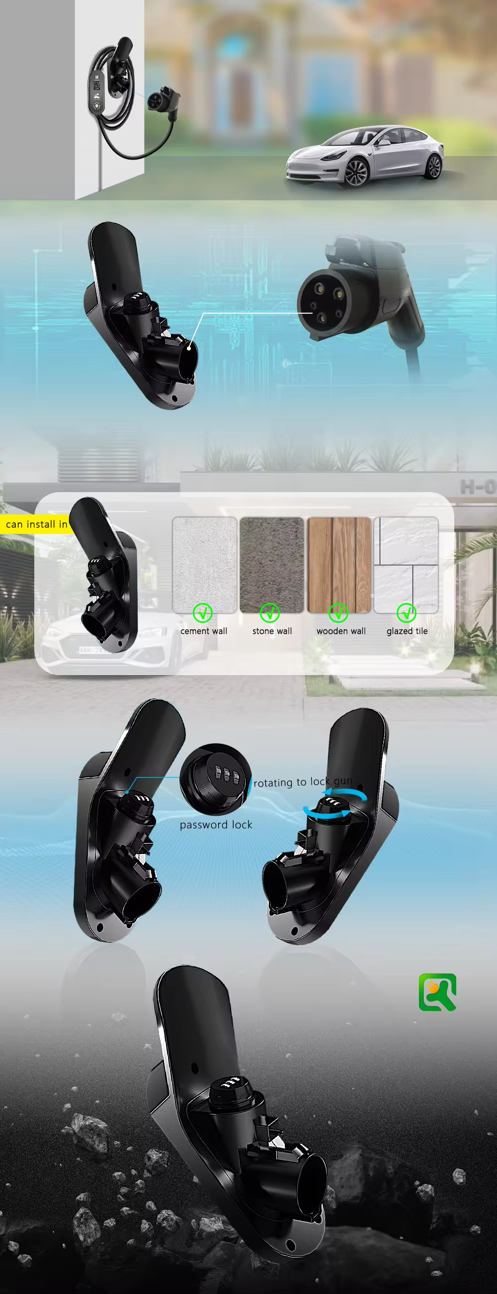 PC ABS Material Password Lock J1772 Holster EV Charger Holder For Electric Vehicle Charging Gun