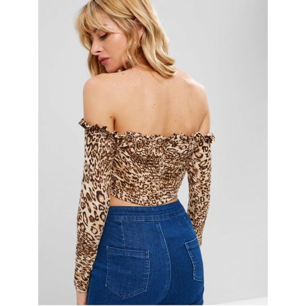Women Frill Leopard Off Shoulder Crop T-shirt