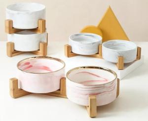 China Gorgeous Marble Pattern Dog Pet Feeders Ceramics Dog Feeding Bowl With Bamboo Wood Stand on sale