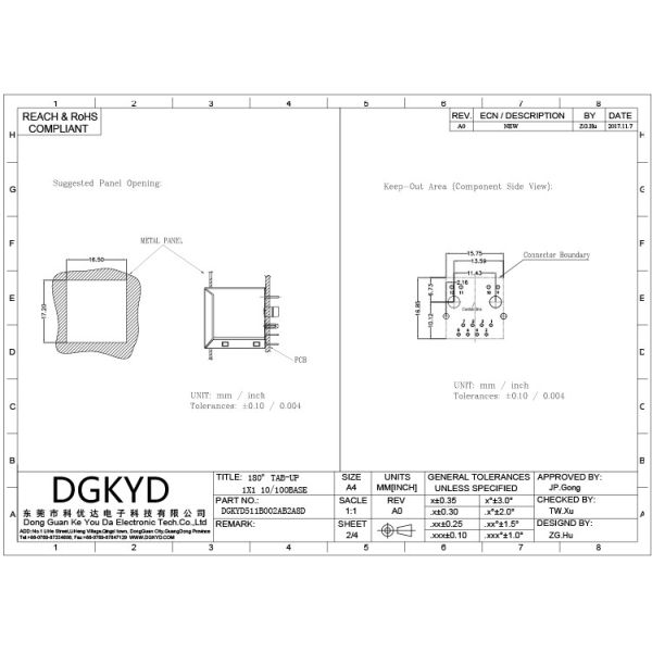 DGKYD511B002AB2A8D RJ45 100M 180 Degree Direct Plug Network Connector 8PIN With Light And Shielded Socket