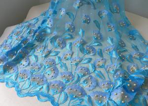 Best Luxurious Embroidery Ice Blue Beaded Lace Fabric With Ginkgo Leaf Gold Pearl wholesale