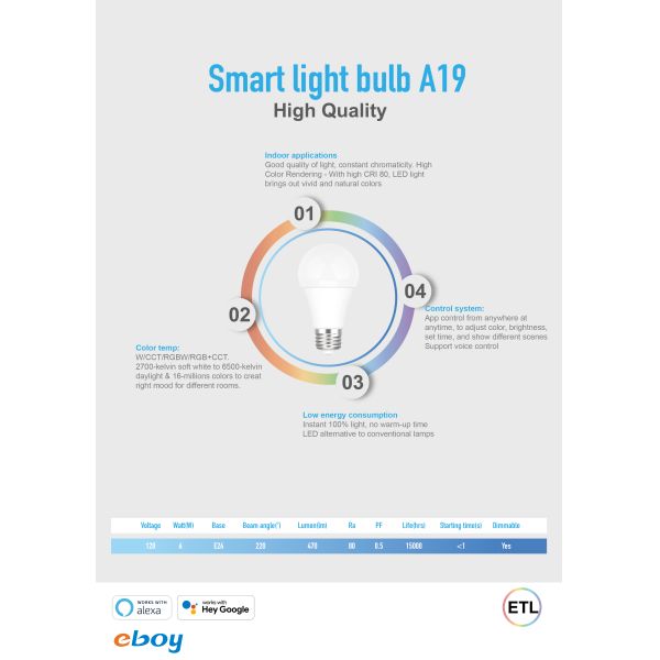 6W Size 60*110mm Indoor Smart 120V Voltage A19 LED Bulbs