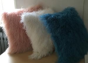 Best White Fuzzy Decorative Pillow , Extra Long Curly Mongolian Lambswool Cushion wholesale