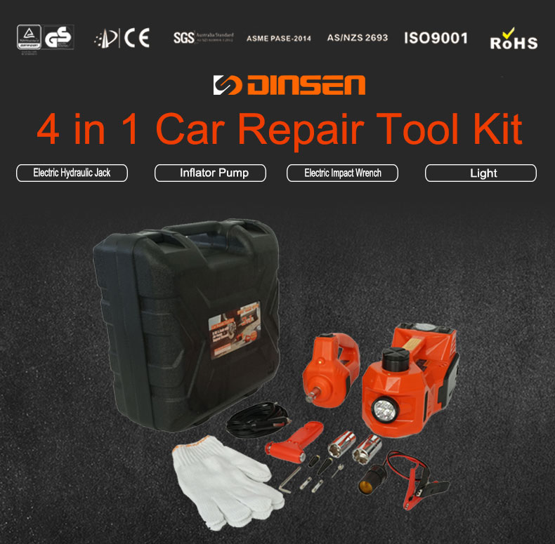 12V DC 3.5T Electric Hydraulic Floor Jack and Tire Inflator pump and Flashlight with Electric Impact Wrench Car Repair Tool Kit