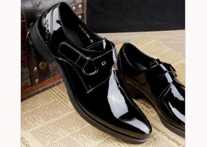 Best Black Shiny Men Formal Dress Shoes Patent Leather Oxfords Style With Printed Logo wholesale