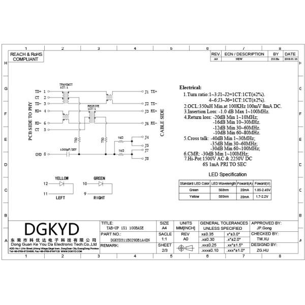 DGKYD311B029DB1A4DN PCB Mount Integrated Magnetics RJ45 Jack Module Tab Up Cat5 Ethernet Socket OEM