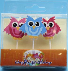 3 Little Owl Shaped Birthday Candles With Colorful Painting And White Plastic Toothpick