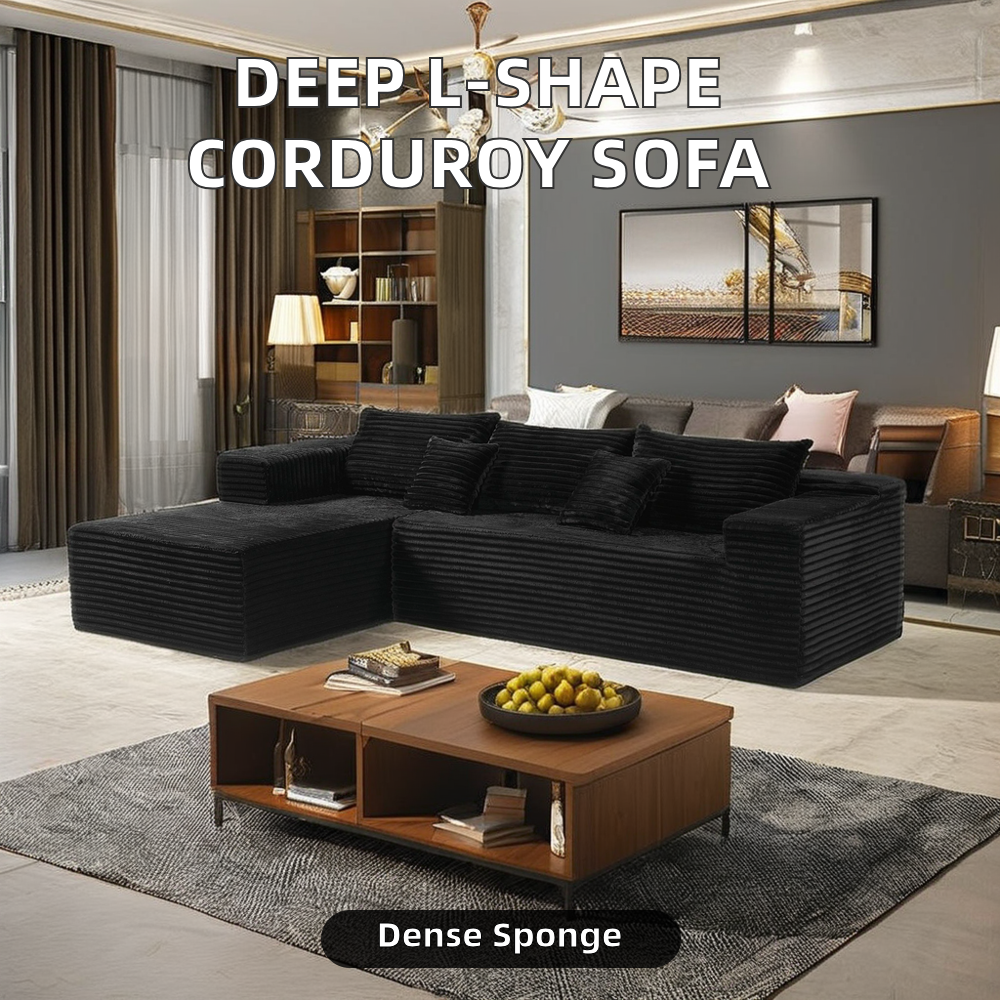 Super Deep L-Shape Modular Sectional Couch Compressed Sofa Plush Corduroy with Vacuum Packaging for Apartment Living Room Sofas