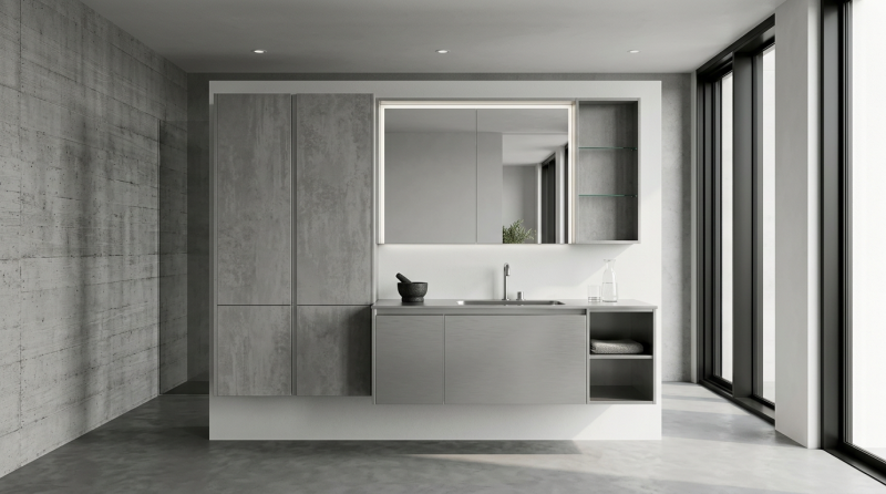 bathroom vanity cabinet installed for master bathroom vanity system for high-end residential, boutique hospitality, architect-designed interiors; suitable for humid environments, requires no sealing or re-finishing with coordinated material palette