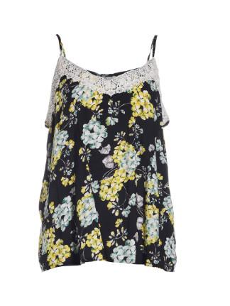 Cheap Floral Print Style Sexy Ladies Summer Tops Sleeveless Polyester Material With Lace Trim for sale