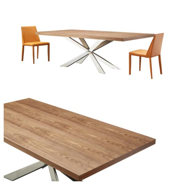 Visual Woodcraft Dining Table , Stainless Steel Base Wooden Cross Leg Table