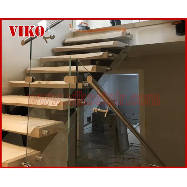 Straight Stringer Staircase VK13S Double Steel Plate Stair,304 Stainless Steel,Glass Tread,12mm Tempered Glass Railing,