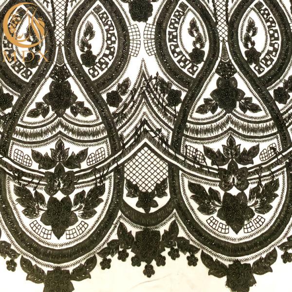 Cheap Customized Black 3D Beaded Lace Mesh Crystal Embroidery Tulle Fabric for sale