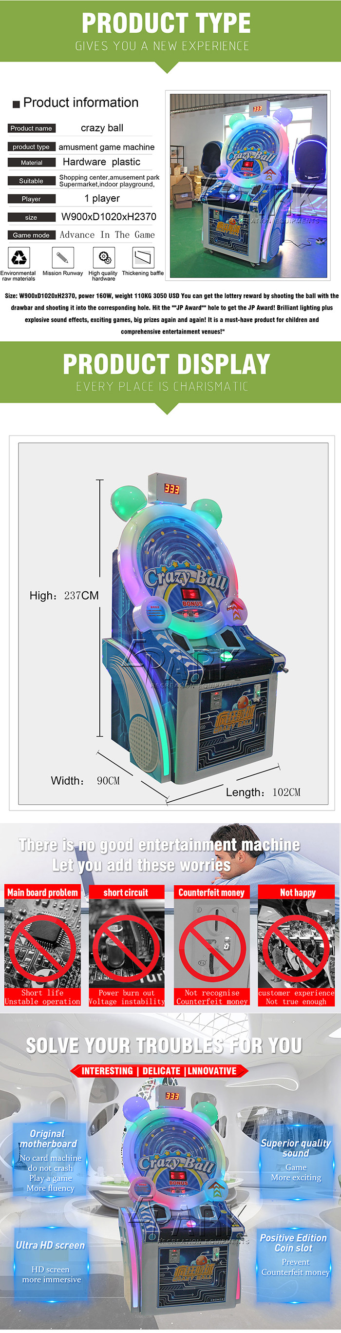 Amusement Park Coin Operated Arcade Machines Crazy Ball Blue Entertainment Equipment