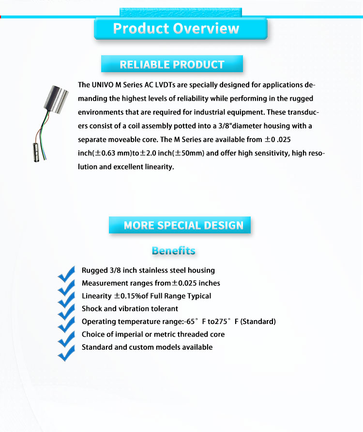 LVDT Motion Position Sensor 0.375 inch Diameter for High Temperature Applications
