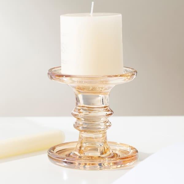 Cheap Electroplate Gold Pillar Color Glass Candle Holder Machine Pressed 11.2cm Height for sale