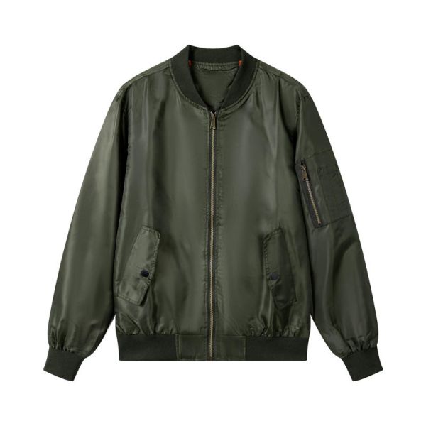 Army Green Lightweight MA-1 Bomber Jacket with Orange Lining and Wind-Resistant Shell