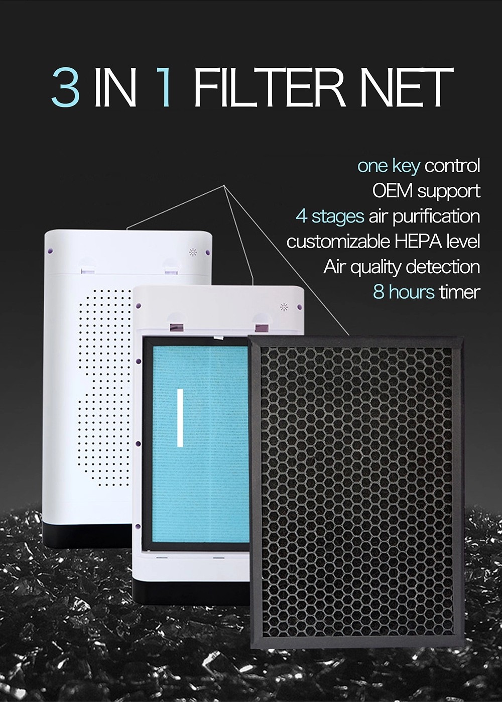 Copper Motor 55W 200M3/H Hepa Filter Air Purifier EMC