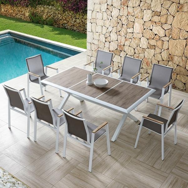 Cheap Outdoor Metal Patio Garden Dining Table Set With 3m Wood Table And Balcony Lounge Chairs for sale