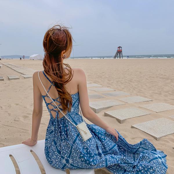 Cheap Blue Back Tie Halter Strap 104cm Bohemian Beach Dress for sale
