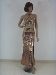 China Sleeveless Belly Dancing Clothes Elegant Halter Neck Metallic Gold Bra Floor Length Skirts on sale