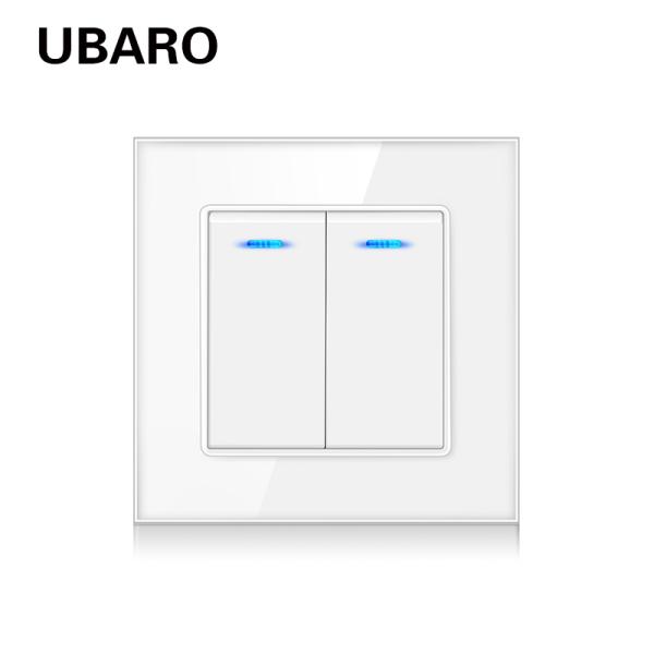 UBARO L Series 86Type Fireproof PC 100-240Vac Dual Light Switch Control With Blue Indicator Tempered Glass Panel