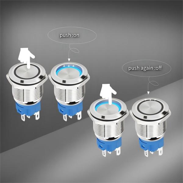 Cheap 22mm LED Illuminated Self Return Latching Metal Push Button Switch With Connector On Off Switch Power Symbol Waterproof IP65 for sale