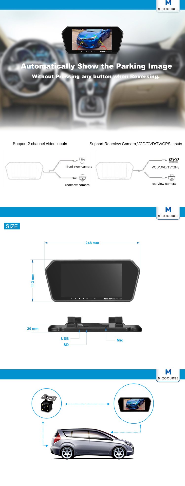 Waterproof Night Vision 1080p Backup Camera and Rear View Mirror with 7 Inch LCD Monitorr/ Remote Control