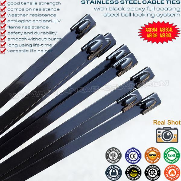 Cheap 316/304 Stainless Steel Ball-lock Cable Tie 200mm x 7.9 with Black Epoxy Fully Coating (380lbs) for Outdoor Fence for sale