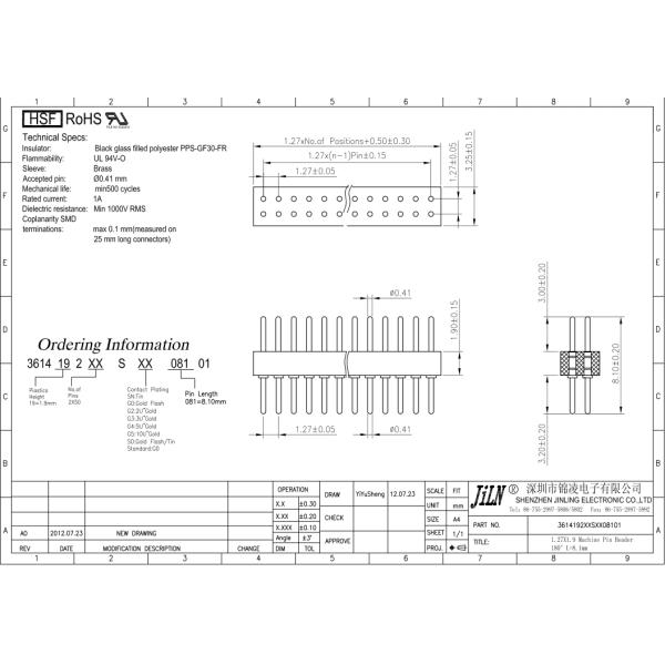 Industrial 1.27mm Machine Pin Headers Male Type 60V AC/DC Voltage
