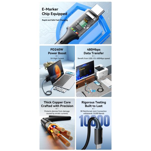 Quick Charge USB C To C Cord 240W With Tinned Copper Conductor