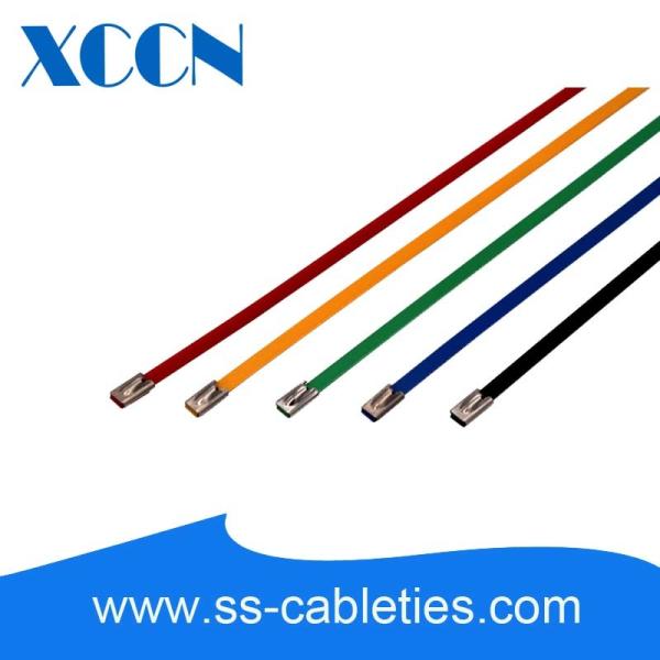 Cheap 4.6*150mm 201,304,316 grade colorized epoxy polyester ball-lock plastic coated stainless steel cable ties for sale