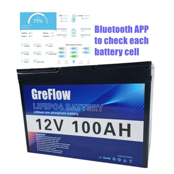 Cheap Smart BMS 12 Volt Lifepo4 Battery 12v 100ah Solar Monitor Via Phone APP for sale
