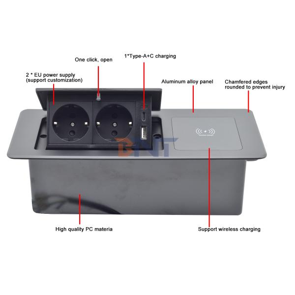 Wireless Charging Desktop Table Pop-up Power Socket Multi-Connection Box Featuring 2 AC Outlets 10A IP44