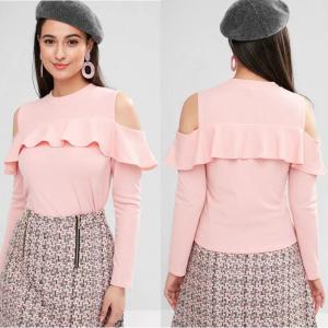 Best Cheap Wholesale Ruffle Clothing Long Sleeve Cold Shoulder T Shirt Tops wholesale