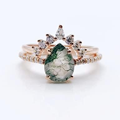 Cheap Natural Moss Agate Ring Set For Women Pear Shaped Gold Ring  For Women for sale