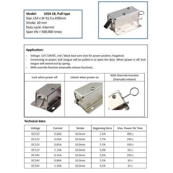 U1054-1b 12V 24V Normally Closed Pull Type Small Electric Electromagnetic Solenoid Lock with Override Function