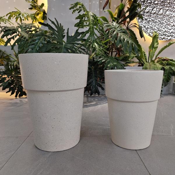 Cheap Cream Composite Clay Flower Pot with Smooth Hand Carved Design for sale