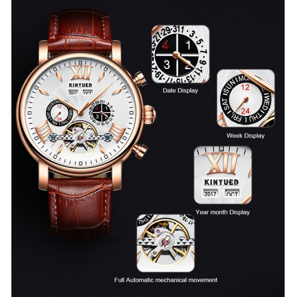 KINYUED J017-1 White Dial Gold Case Leather Strap Complete Calendar Skeleton Automatic Mechanical relojes Watch